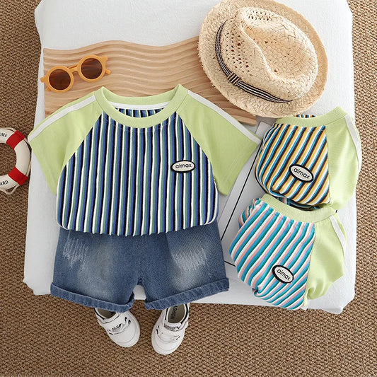 Baby Children's Summer Clothes Set 1-5Y Raglan Sleeve Striped T-shirt and Denim Shorts Boys 2pcs Suit Kid's Short Sleeve Outfit