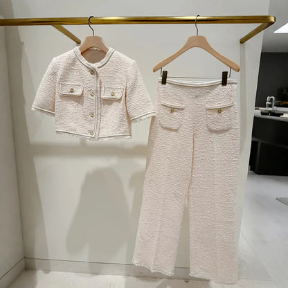 2025 Women's two-piece trouser suits with short sleeves, short jackets or slim-fitting elegant trousers