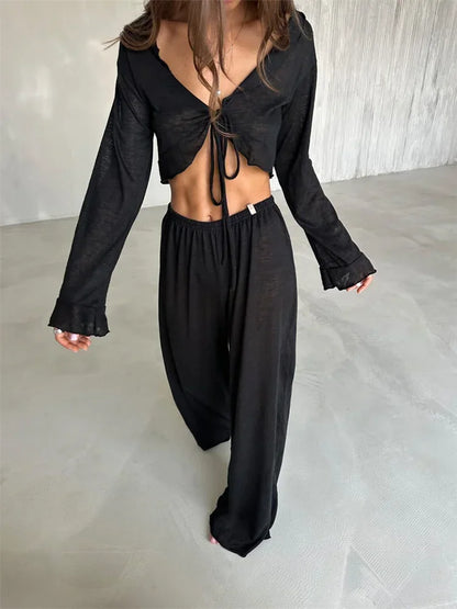 Casual Fashion 2 Piece-Set Trousers For Women V-Neck Lace-Up Long Sleeve Top And High Waist Women's Pants Outfits Female