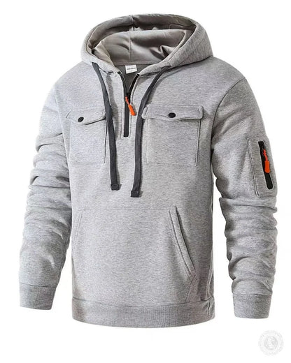 Men's Casual Sports Hoodie Spring Autumn Fashion Arm Pocket Pull Rope Hooded Long-Sleeved Top Loose Solid Color Pullover Blouse