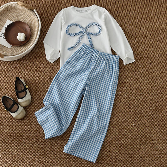 Children's Clothing Autumn Fashionable New Girls Clothes Blue Bow Long Sleeved Top + Checkered Printed Pants Two-piece Set