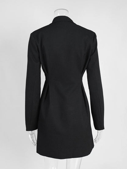 Woman Clothes Elegant Double Breasted Tunics Blazer Dresses Office Lady Notched Long Sleeve Buttons Solid Black Short Dress