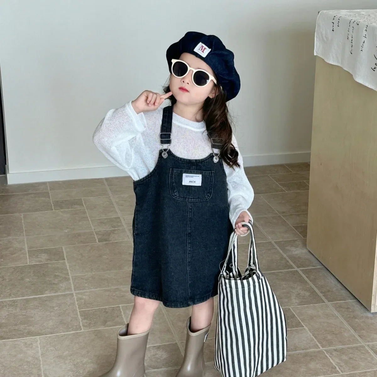 Children Clothing Girls Denim Dress Spring 2024 New Fashion Casual Large Pocket Strap Casual Simple Solid Color Girls Dress