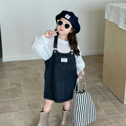 Children Clothing Girls Denim Dress Spring 2024 New Fashion Casual Large Pocket Strap Casual Simple Solid Color Girls Dress
