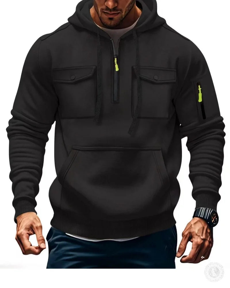 Men's Casual Sports Hoodie Spring Autumn Fashion Arm Pocket Pull Rope Hooded Long-Sleeved Top Loose Solid Color Pullover Blouse