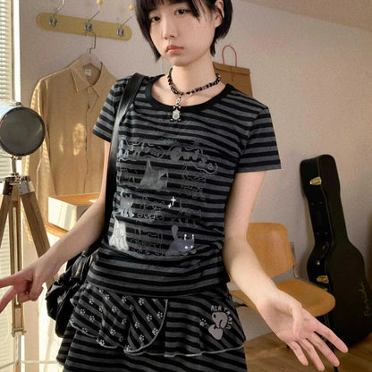 2025 Ropa Mujer Cat Print Cute Striped Woman Tshirts Summer Korean Fashion Tees Casual Japanese T-shirt Y2k Tops Women Clothes