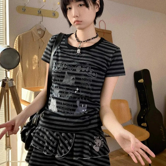 2025 Ropa Mujer Cat Print Cute Striped Woman Tshirts Summer Korean Fashion Tees Casual Japanese T-shirt Y2k Tops Women Clothes