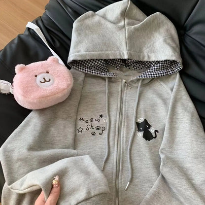 Ropa Mujer Japanese Cute Hoodies Coats Cute Cat Print Hooded Sweatshirts Y2K Tops Women Clothing Casual Zipper Loose Hoodie