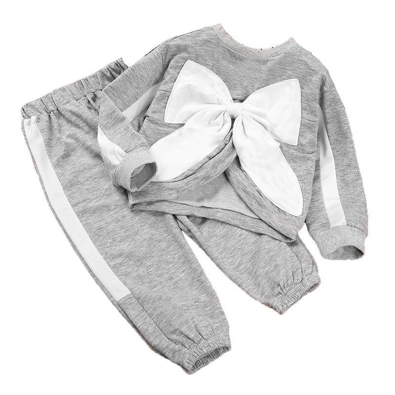 Kids Casual Clothing Sets Outfits for Girls Gray Bow Fashion Top + Sweatpants 2Pcs Baby Toddle Spring Autunmn Loose Clothing Set