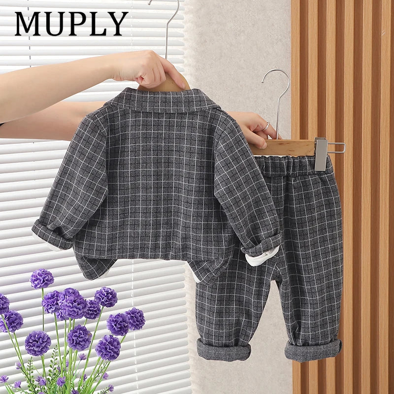 Children Clothing Spring Autumn Baby Boys Wear Infant Lapel Plaid T-Shirt Pants 3pcs/sets Toddler Casual Suit 0-5 Years