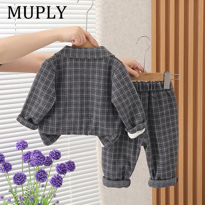 Children Clothing Spring Autumn Baby Boys Wear Infant Lapel Plaid T-Shirt Pants 3pcs/sets Toddler Casual Suit 0-5 Years