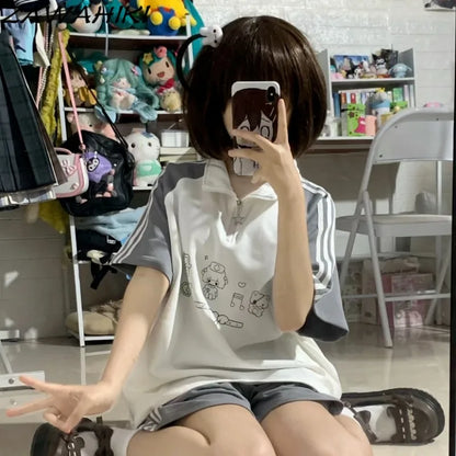 Preppy Two Piece Set Women Contrast Color Cartoon Print Top Female + Striped Solid Color Woman's Pants Sweet Kawaii Ropa Mujer