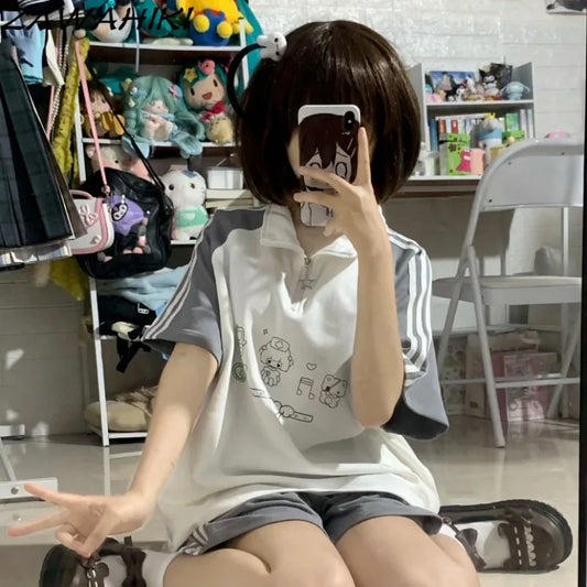 Preppy Two Piece Set Women Contrast Color Cartoon Print Top Female + Striped Solid Color Woman's Pants Sweet Kawaii Ropa Mujer