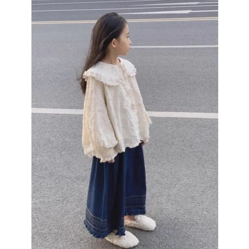 Children's clothing 2025 new spring outfit girls' set children's embroidered doll collar long sleeved shirt denim wide leg pants