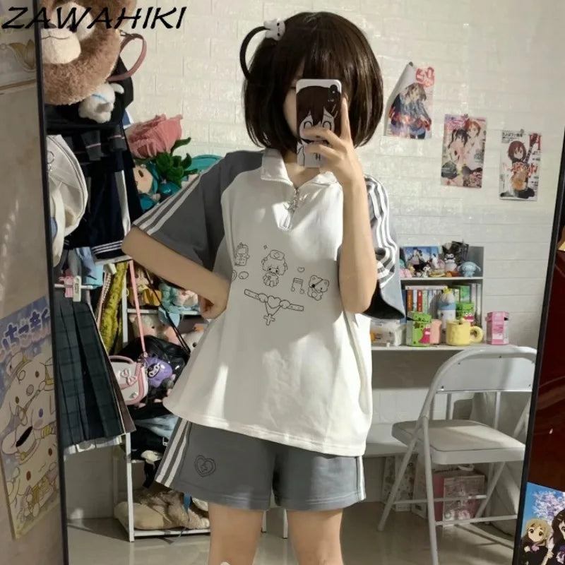 Preppy Two Piece Set Women Contrast Color Cartoon Print Top Female + Striped Solid Color Woman's Pants Sweet Kawaii Ropa Mujer