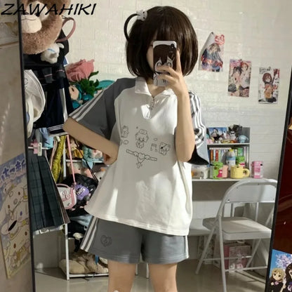 Preppy Two Piece Set Women Contrast Color Cartoon Print Top Female + Striped Solid Color Woman's Pants Sweet Kawaii Ropa Mujer