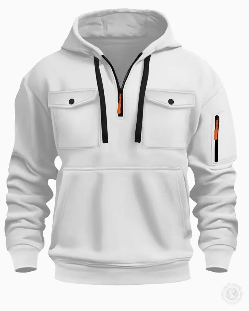 Men's Casual Sports Hoodie Spring Autumn Fashion Arm Pocket Pull Rope Hooded Long-Sleeved Top Loose Solid Color Pullover Blouse