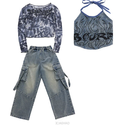 2025 Children's Costume Performance Clothes Fashion Street Style Cool Girl Hip Hop Jean Tops Clothing Hiphop Outfit Denim Dance
