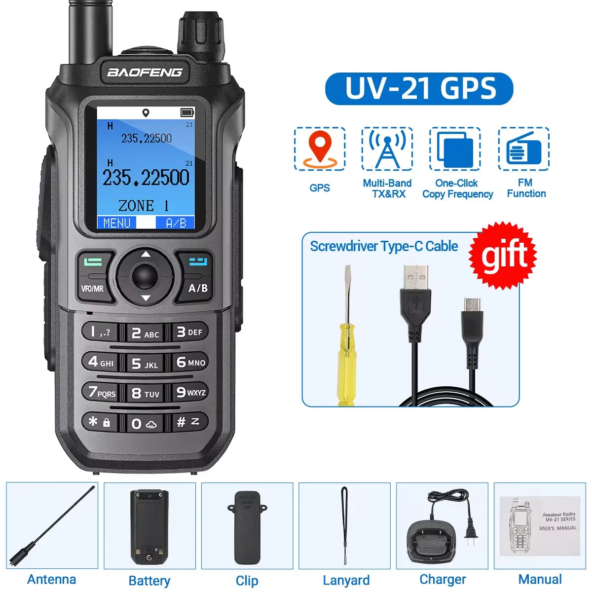 Baofeng UV-21 Pro V2 Wireless Copy Frequency Mutli Band Powerful Waterproof Long Range UV-5R Long Range Type-C Two Way Ham Radio