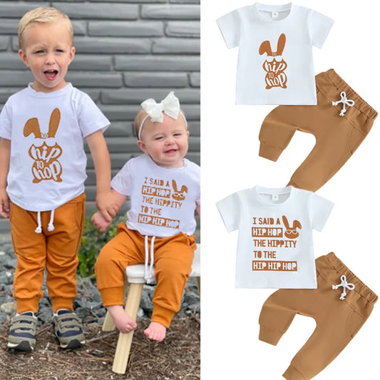 Children's Clothing 2025 Easter New Boys' Rabbit Print Short Sleeved Casual Pants Two-piece Set