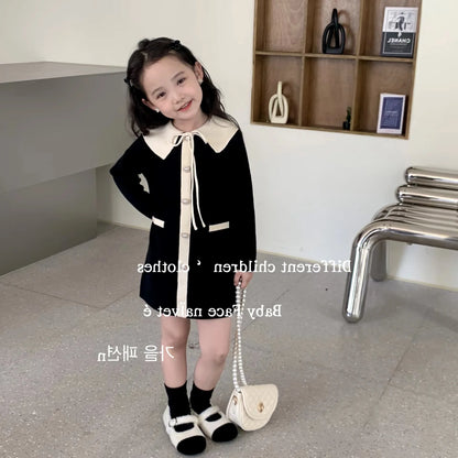 Children Girl Knitwear Dress Autumn Turn Down Collar Elegant Infant Baby Girl Dress Loose Casual Single Breasted Kids Girl Dress