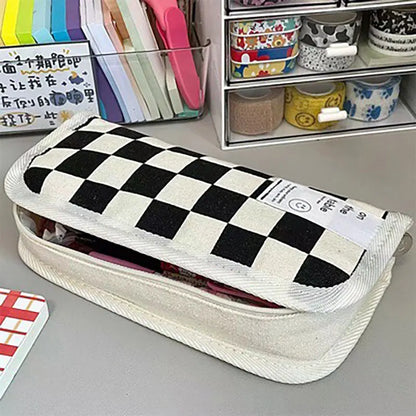 Simple Black and White Plaid Canvas Pencil Case School pencil case Kawaii Stationery Storage Bag aesthetic stationery