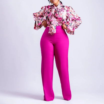 Women 2 Pieces Pants Sets Printed Blouse & Long Trousers Fashion Elegant Ladies Outfits Two Pieces Matching Pants Sets Clothes
