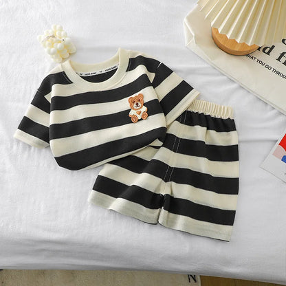 Children's Clothes Short-sleeved Suit Striped Top+shorts 2-piece T-shirt Summer Baby Clothes Children Clothing Boys Girls