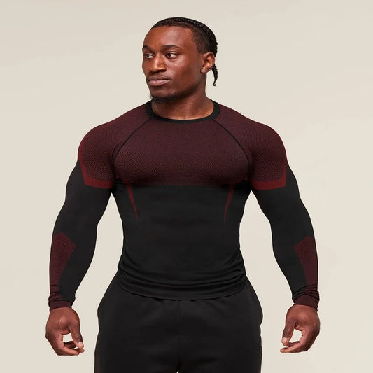 Ropa ajustada para hombre, ropa deportiva para entrenamiento, fitness, correr, cuello redondo largo estampado elástico a la moda