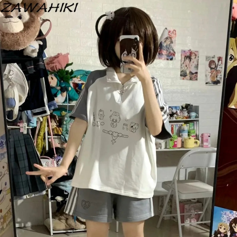 Preppy Two Piece Set Women Contrast Color Cartoon Print Top Female + Striped Solid Color Woman's Pants Sweet Kawaii Ropa Mujer