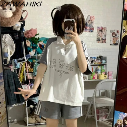 Preppy Two Piece Set Women Contrast Color Cartoon Print Top Female + Striped Solid Color Woman's Pants Sweet Kawaii Ropa Mujer