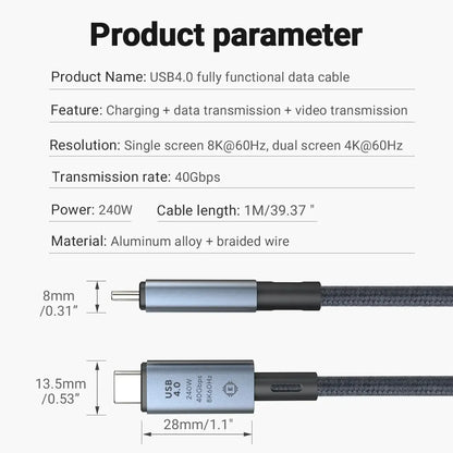 240W USB C to USB C Fast Charging Data Braided Cable with 8K Video Transfer & 40Gbps Speed For iPhone 16 Pro Macbook TV Laptop