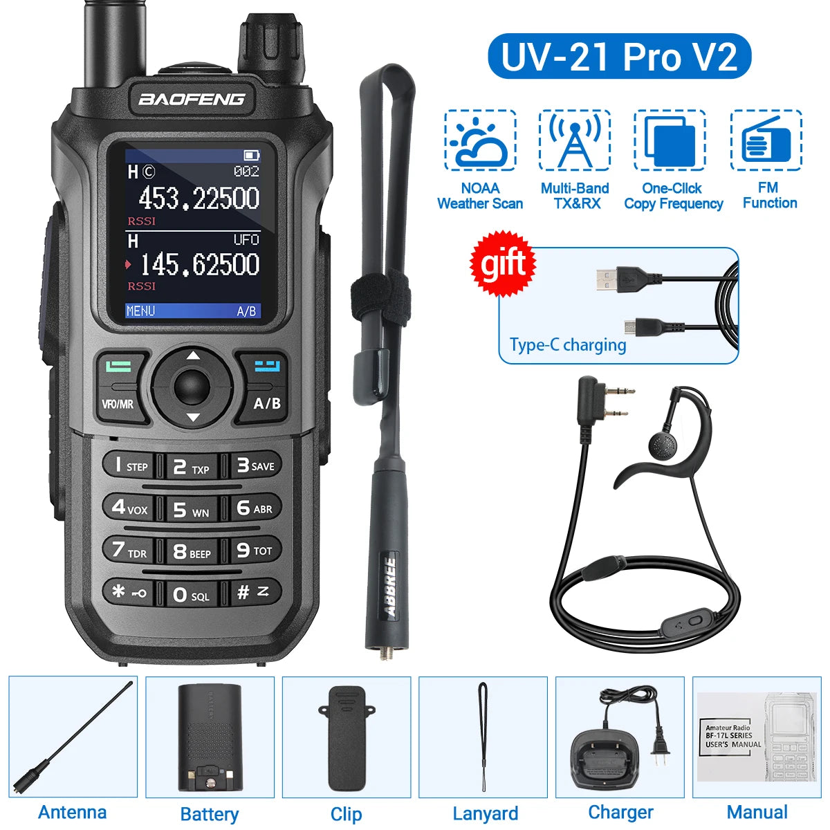 Baofeng UV-21 Pro V2 Wireless Copy Frequency Mutli Band Powerful Waterproof Long Range UV-5R Long Range Type-C Two Way Ham Radio