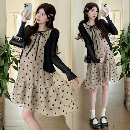 Pregnant Women's Clothing 2025 Summer New Style Reduced Age French Polka Dot Dress Two-piece Set