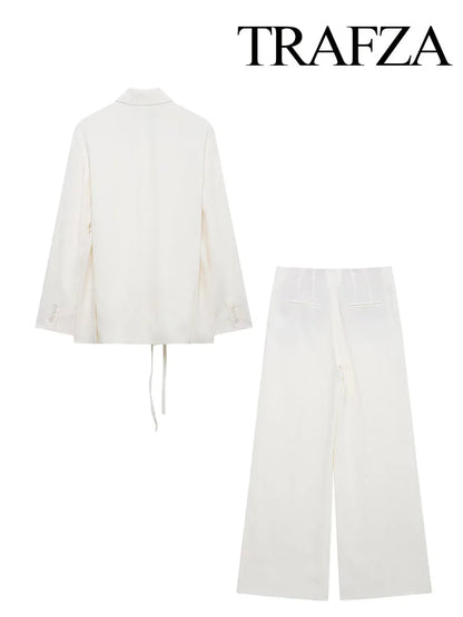 HH Women's Suits White Turn-Down Collar Long Sleeves Lace-Up Blazers+High Waist Zipper Long Pants Female Spring Fashion Sets