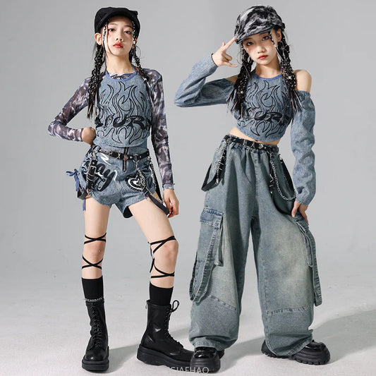 2025 Children's Costume Performance Clothes Fashion Street Style Cool Girl Hip Hop Jean Tops Clothing Hiphop Outfit Denim Dance