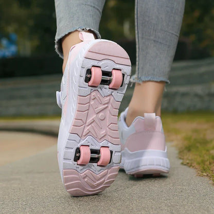 Kids Roller Skate Shoes with Wheels Fashion Casual Sports Children 4-Wheels Speed Sneakers for Boys and Girls Gift Nice Footwear