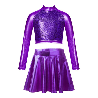 Children Clothing Girl Metallic Sleeveless Tops Flared Pleated A-Line Mini Short Skirt Kids Outfits 2pcs Clothes Set Dance Wear