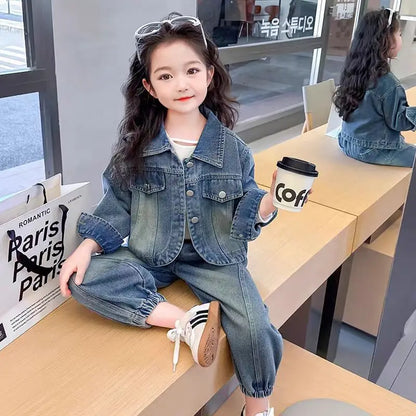 Korean Clothes for Children Spring Autumn New Baby Girls' Loose Fashion  Denim Jacket Pants Kids Casual Top Jeans 2 Pcs Set