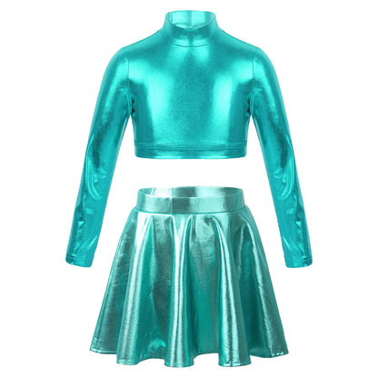 Children Clothing Girl Metallic Sleeveless Tops Flared Pleated A-Line Mini Short Skirt Kids Outfits 2pcs Clothes Set Dance Wear