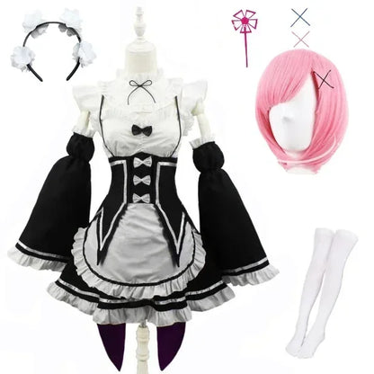 Anime Rem Cosplay Ram Costume Women Girls Maid Apron Dress