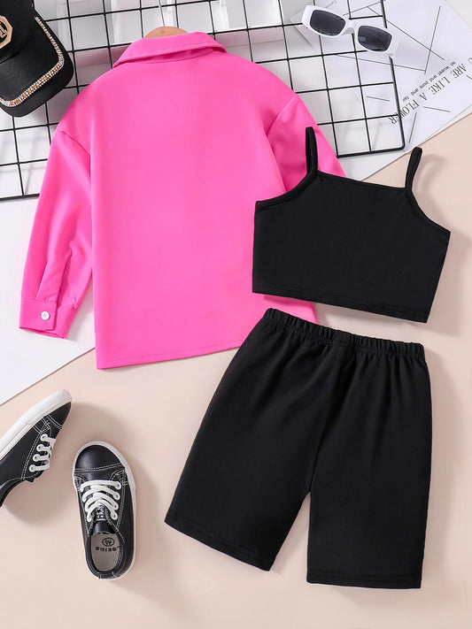 Children's clothing autumn girls fashion set rose red shirt+black camisole top+black shorts 3-piece set