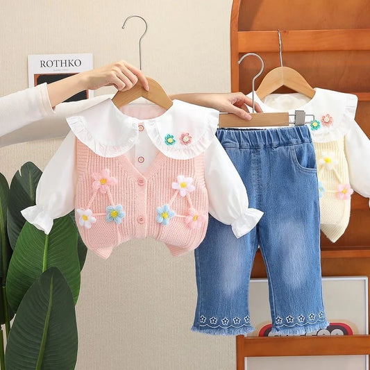 Children Clothing Sets for Girls T Shirt Floral Vest Bow Jeans Spring Autumn Toddler Baby Clothes Infant Outfits Kids Tracksuit