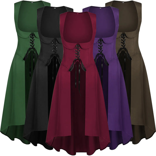Women Renaissance Dress Peasant Pirate Medieval Tight Waist Apron High Low Dress