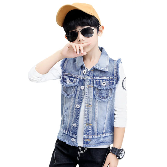 Kids Denim Jacket Boys Vest Coat Sleeveless Tassels Lapel Outerwear Casual Button Children's Cowboy Waistcoat Girls Denim Vest