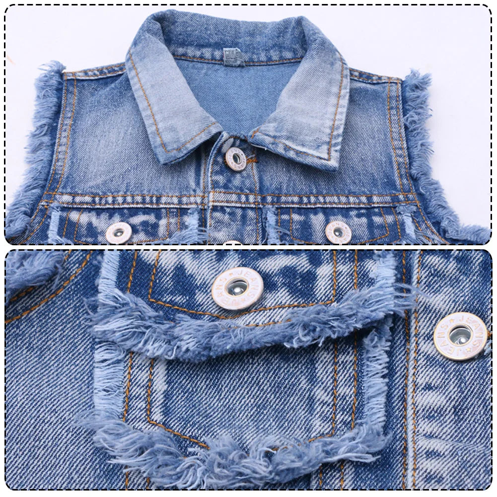 Kids Denim Jacket Boys Vest Coat Sleeveless Tassels Lapel Outerwear Casual Button Children's Cowboy Waistcoat Girls Denim Vest