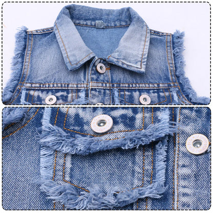 Kids Denim Jacket Boys Vest Coat Sleeveless Tassels Lapel Outerwear Casual Button Children's Cowboy Waistcoat Girls Denim Vest
