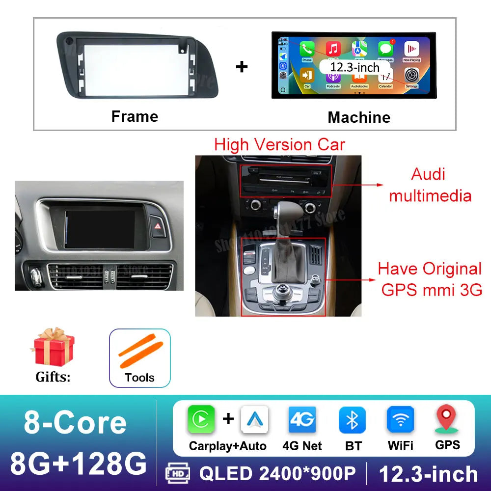 12.3 inch GPS Navigation Wireless Carplay Android 14 for Audi Q5 2009 - 2017 BT Car Multimedia Video Radio Player 4G Auto Tools