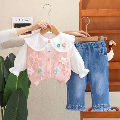 Children Clothing Sets for Girls T Shirt Floral Vest Bow Jeans Spring Autumn Toddler Baby Clothes Infant Outfits Kids Tracksuit