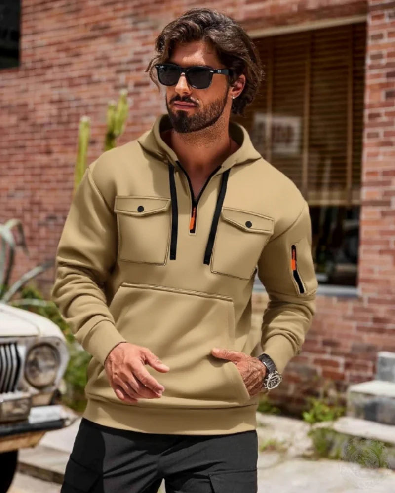 Men's Casual Sports Hoodie Spring Autumn Fashion Arm Pocket Pull Rope Hooded Long-Sleeved Top Loose Solid Color Pullover Blouse